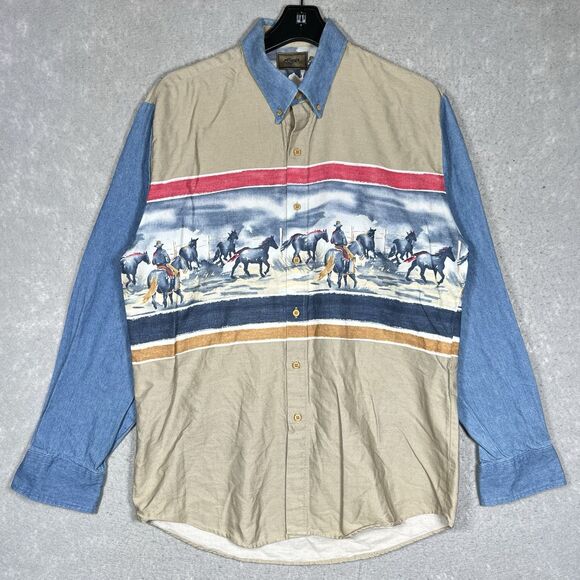 VTG Roper Western Border Rodeo Print Shirt Men’s Large Cowboy Rodeo Ranch Horses - Picture 1 of 14